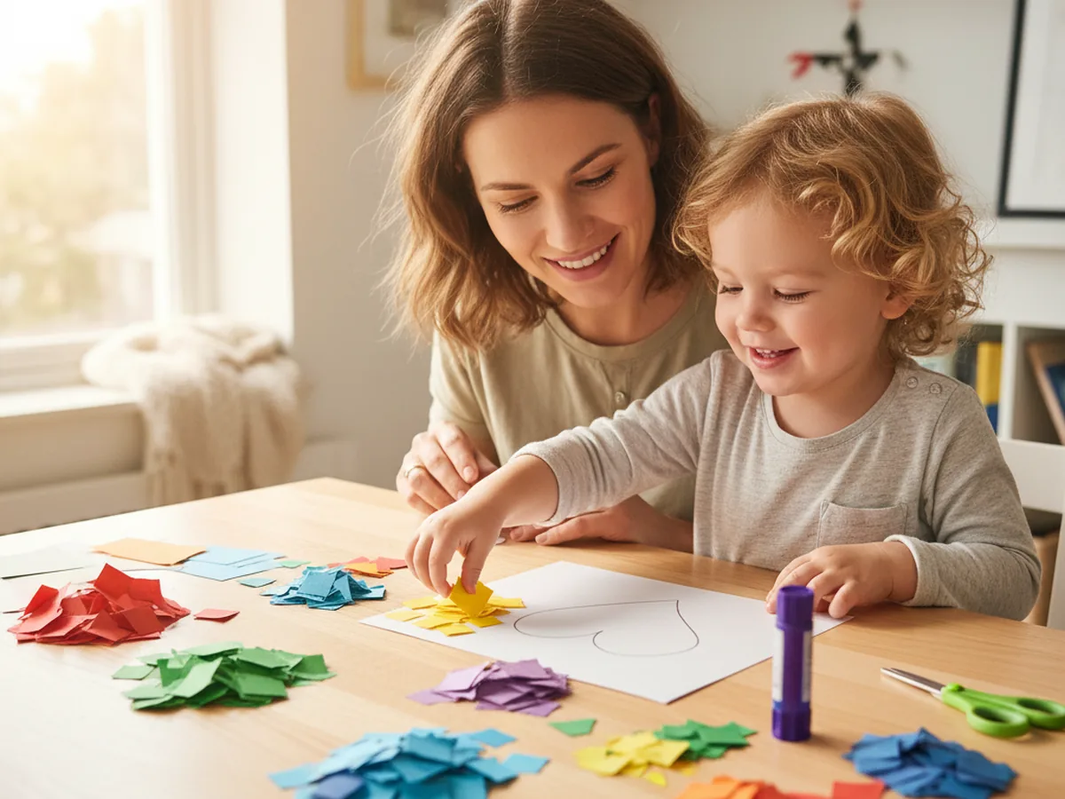 A mom and young child sitting together at a craft table sorting small colorful paper squares for a paper mosaic craft