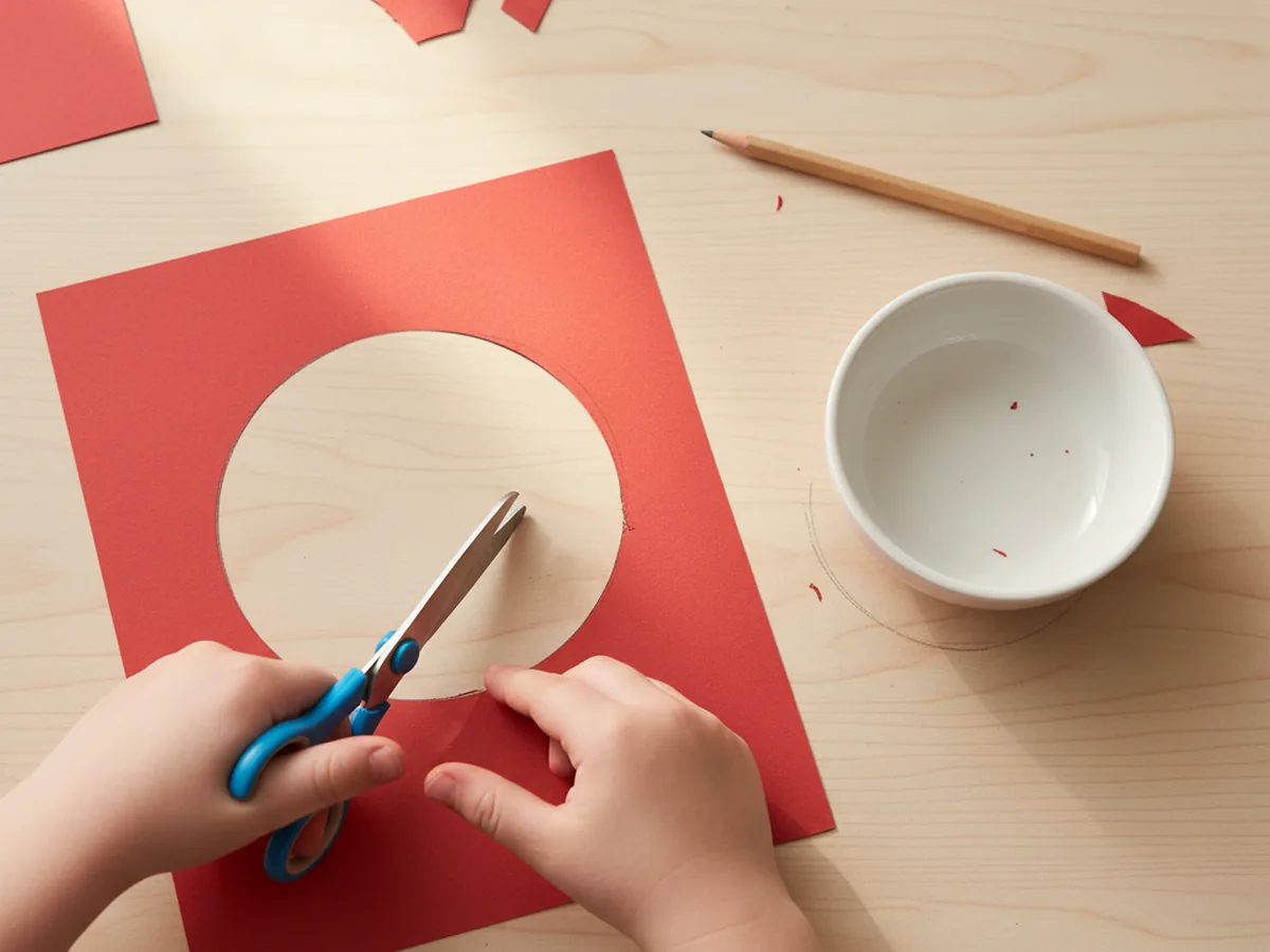 A child cutting a large red cardstock circle traced from a small bowl for the base of a paper ornament craft