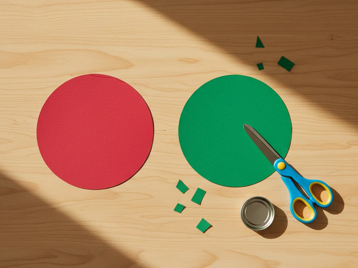 A smaller green cardstock circle placed next to a larger red cardstock circle, ready to be layered for a paper ornament craft