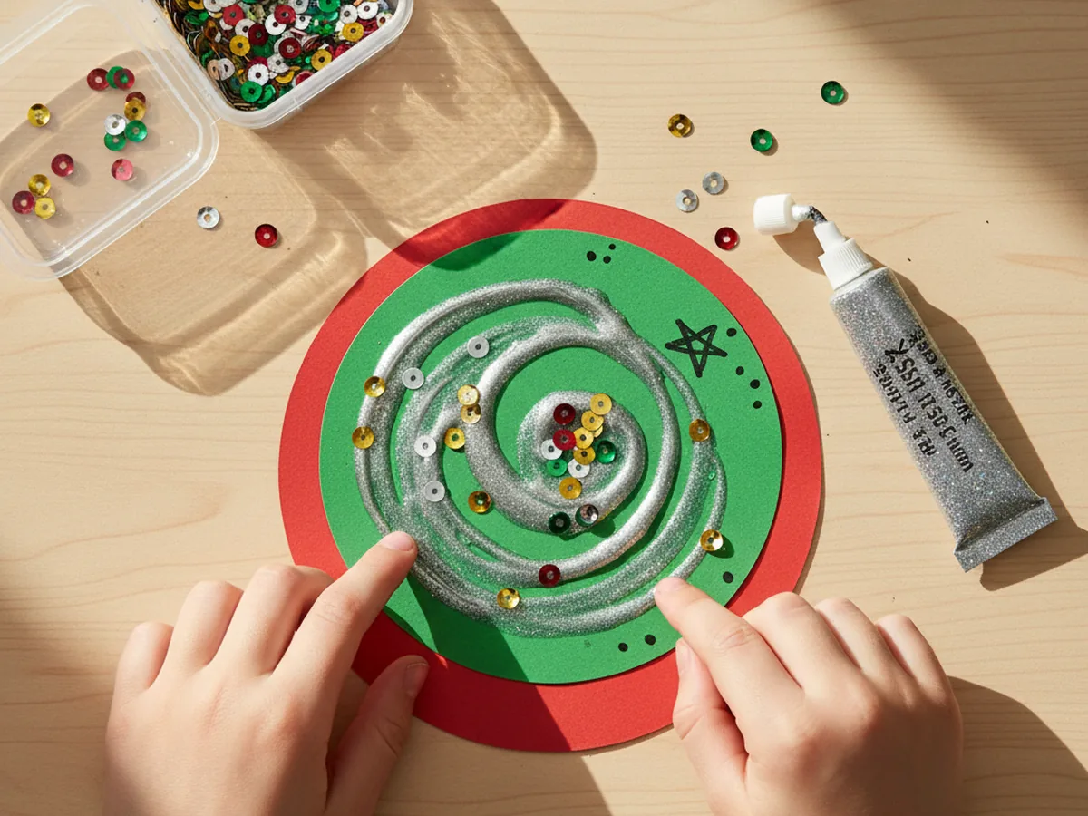 A child decorating a layered red and green paper ornament craft with gold sequins, silver glitter glue swirls, and small marker dots