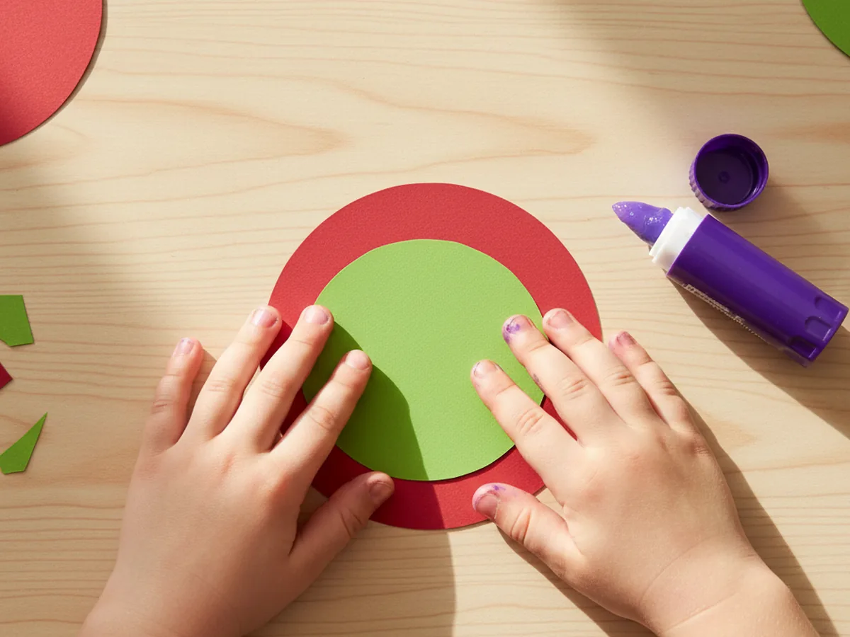 A child pressing a small green cardstock circle glued centered on top of a larger red cardstock circle for a paper ornament craft