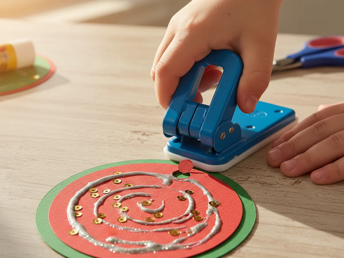 A child using a blue handheld single hole punch to make a small hole at the top edge of a decorated paper ornament craft