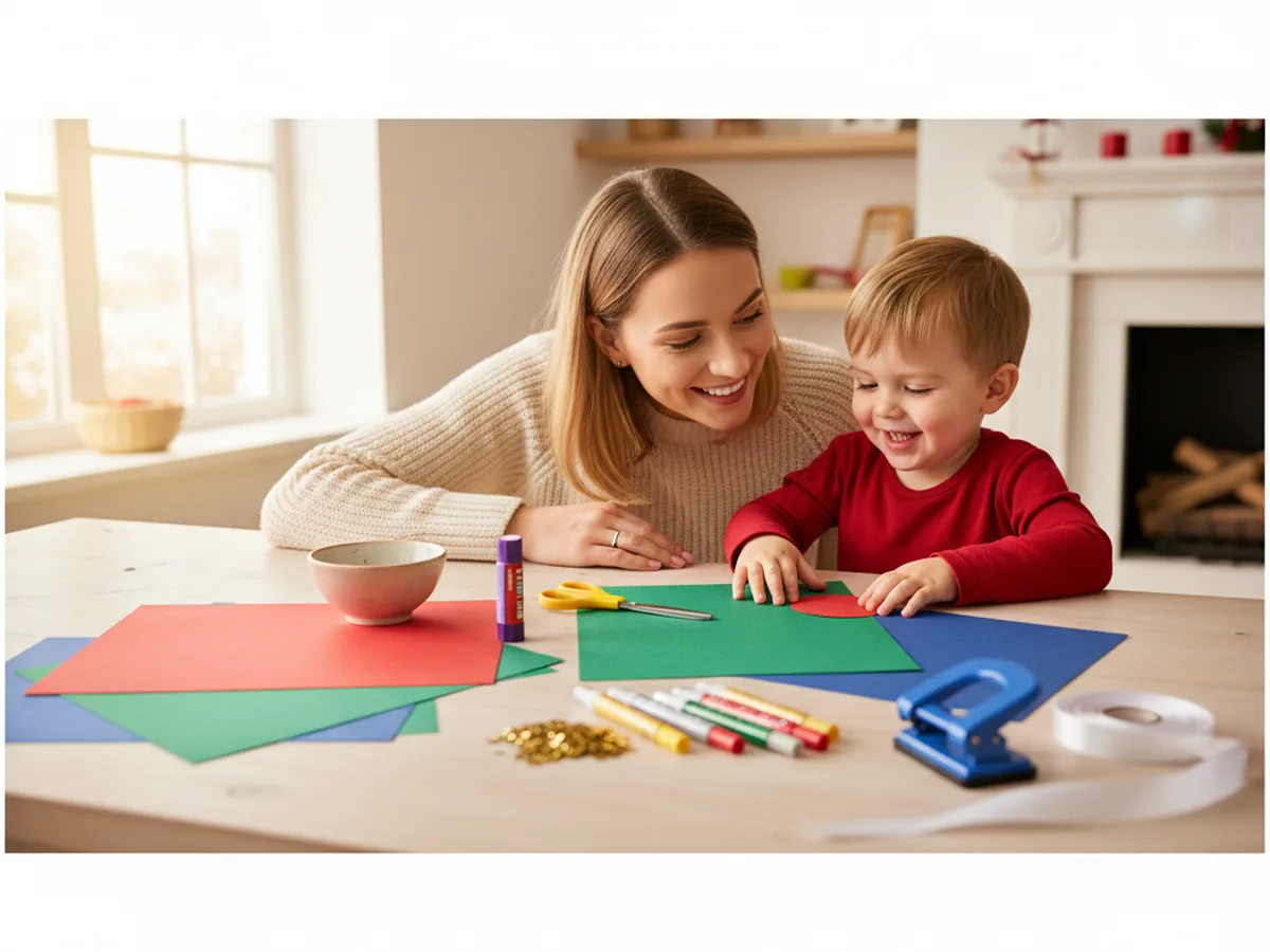A mom and young child sitting at a craft table together with colored cardstock, ribbon, sequins, and glitter glue ready to make a paper ornament craft