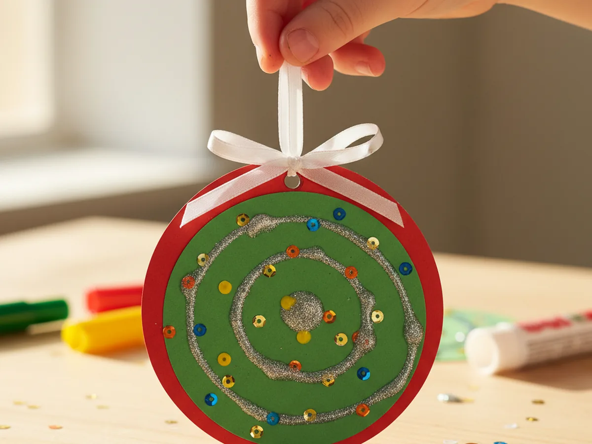 A finished handmade paper ornament craft with a red and green layered circle, gold sequins, glitter glue swirls, and a thin white satin ribbon tied in a loop at the top