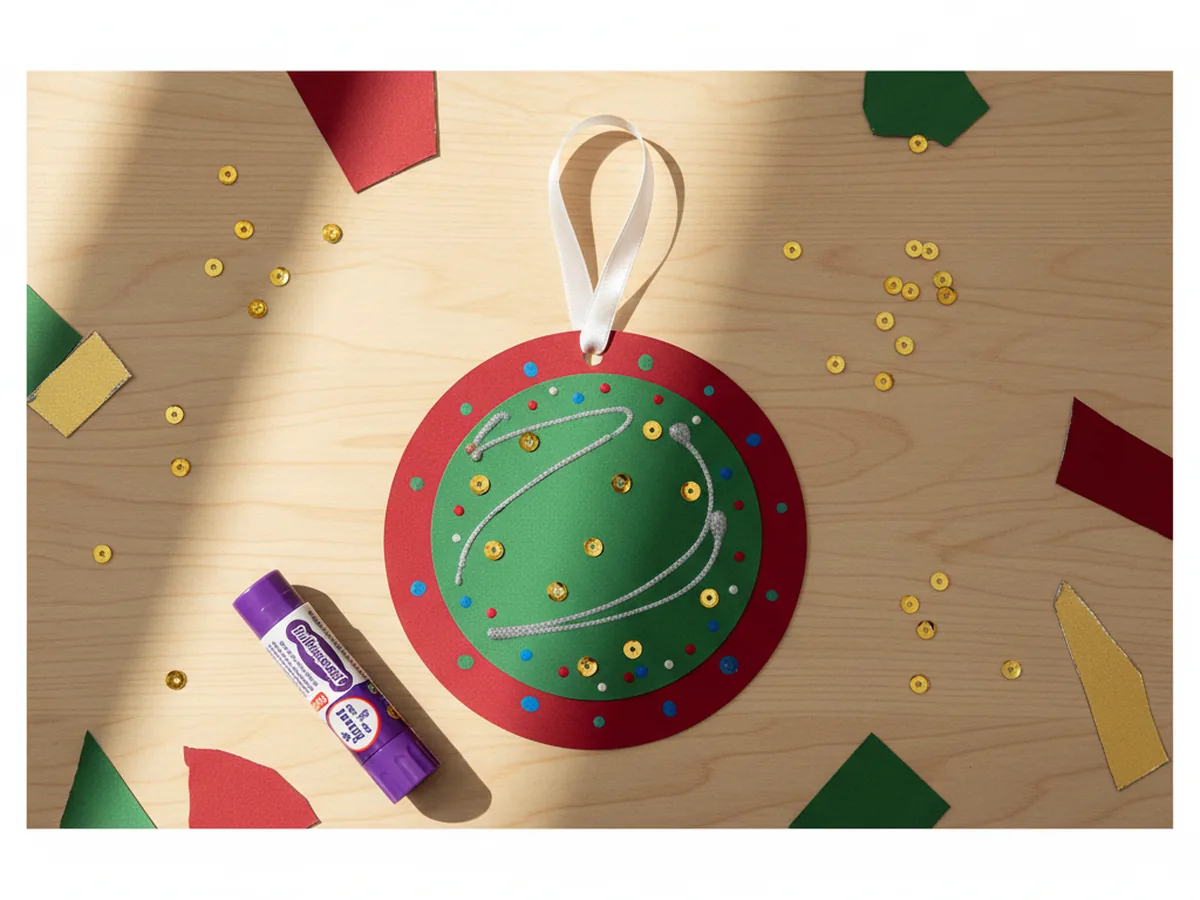 Finished handmade paper ornament craft with a red cardstock circle base, a smaller green circle layered on top, gold sequins, silver glitter glue swirls, and a thin white satin ribbon loop for hanging
