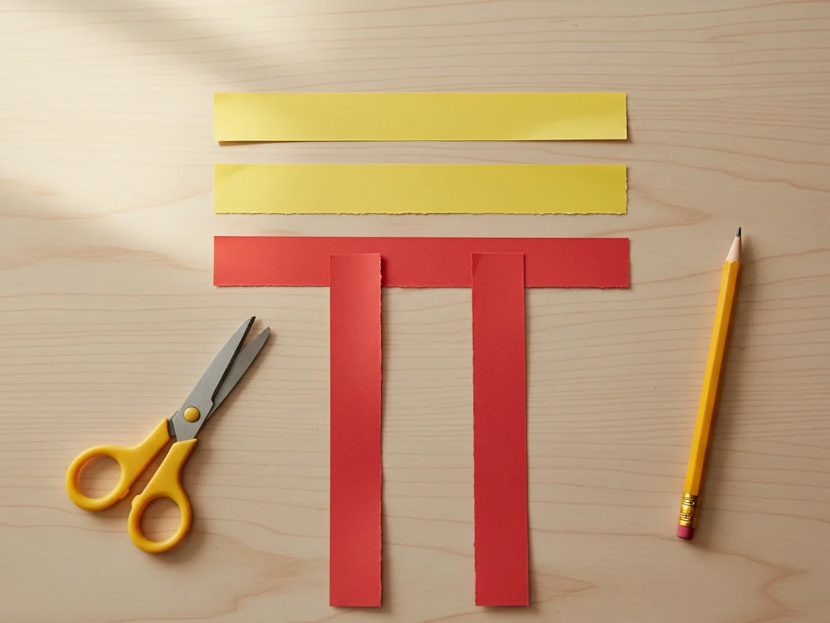 Four long thin construction paper strips in different colors cut and ready to become the arms and legs of a paper person craft