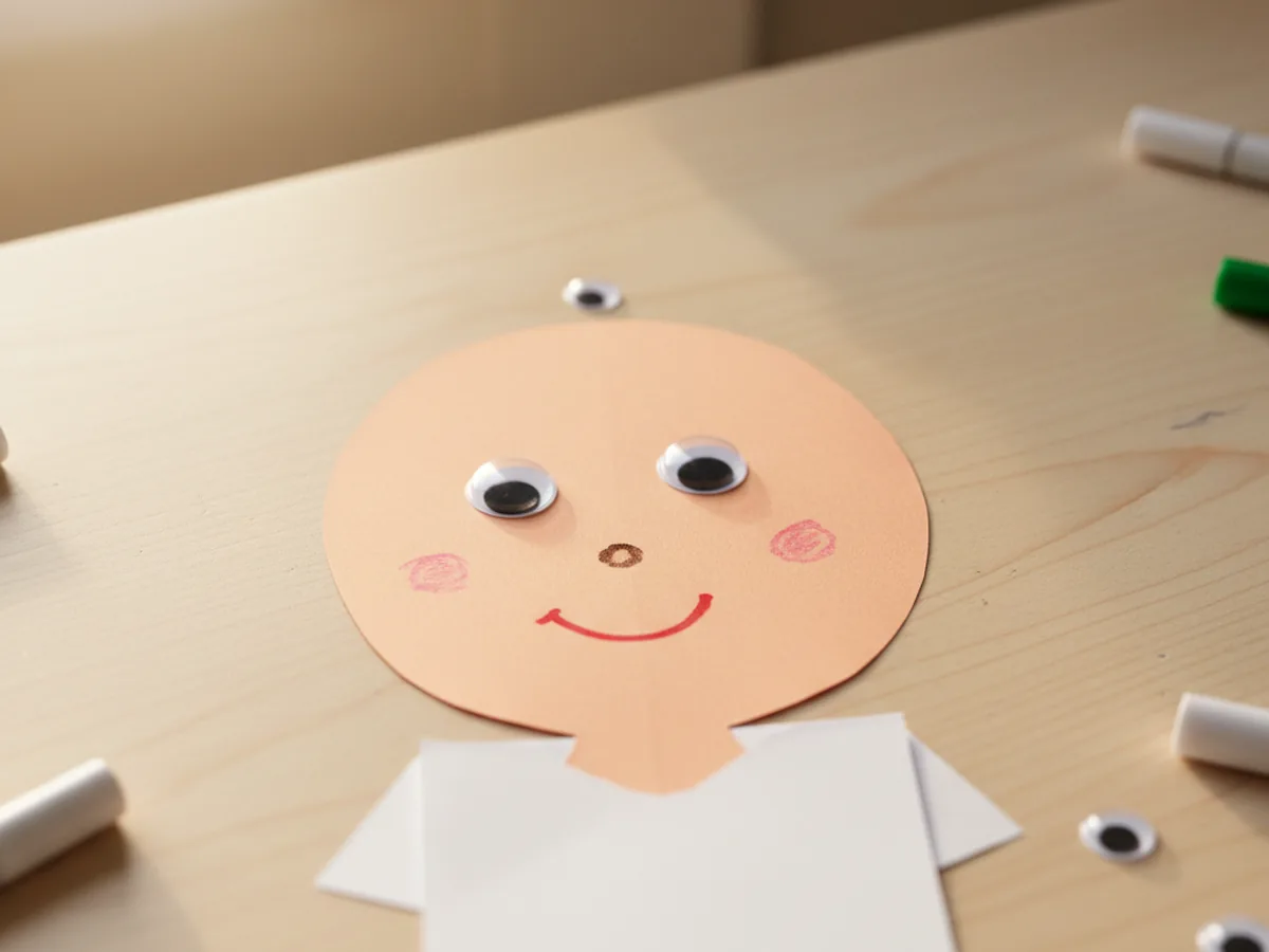 Paper person face with two googly eyes attached and a simple smiling mouth and small nose drawn on with markers