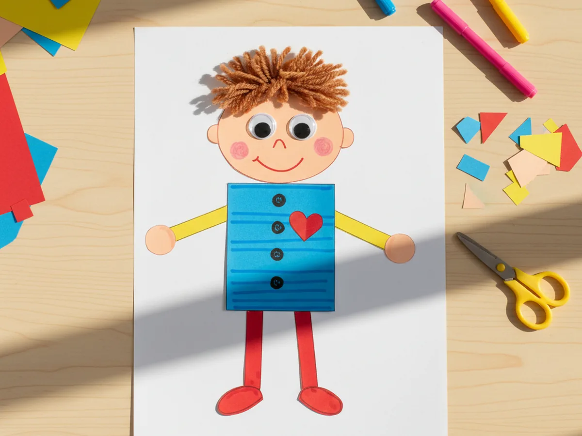 Finished decorated paper person craft with googly eyes, colorful yarn hair, drawn outfit details, small paper hands and shoes displayed on white cardstock