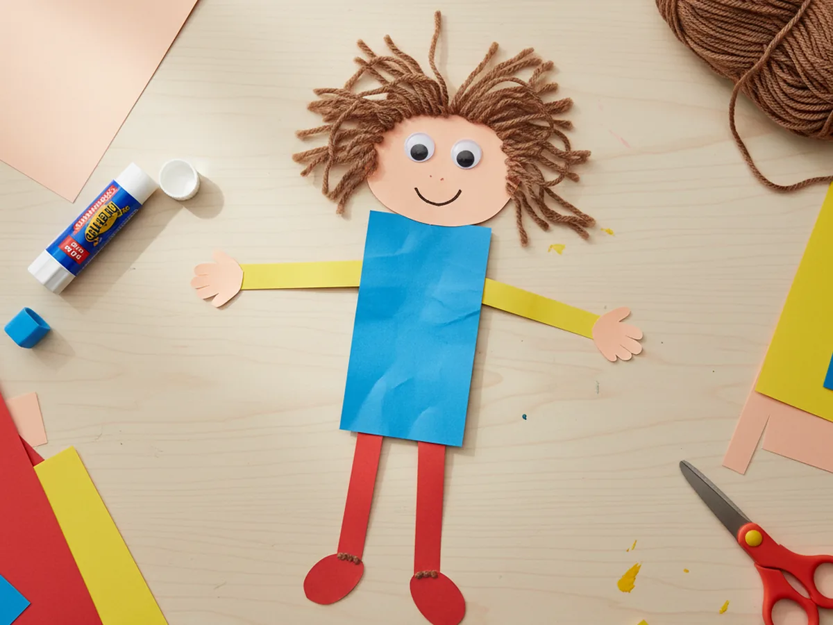 Paper person with small paper circle hands attached to the arms and oval paper shoes attached to the ends of the legs