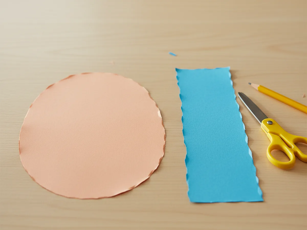 A construction paper oval head shape and a tall paper rectangle body lying side by side on a wooden craft table