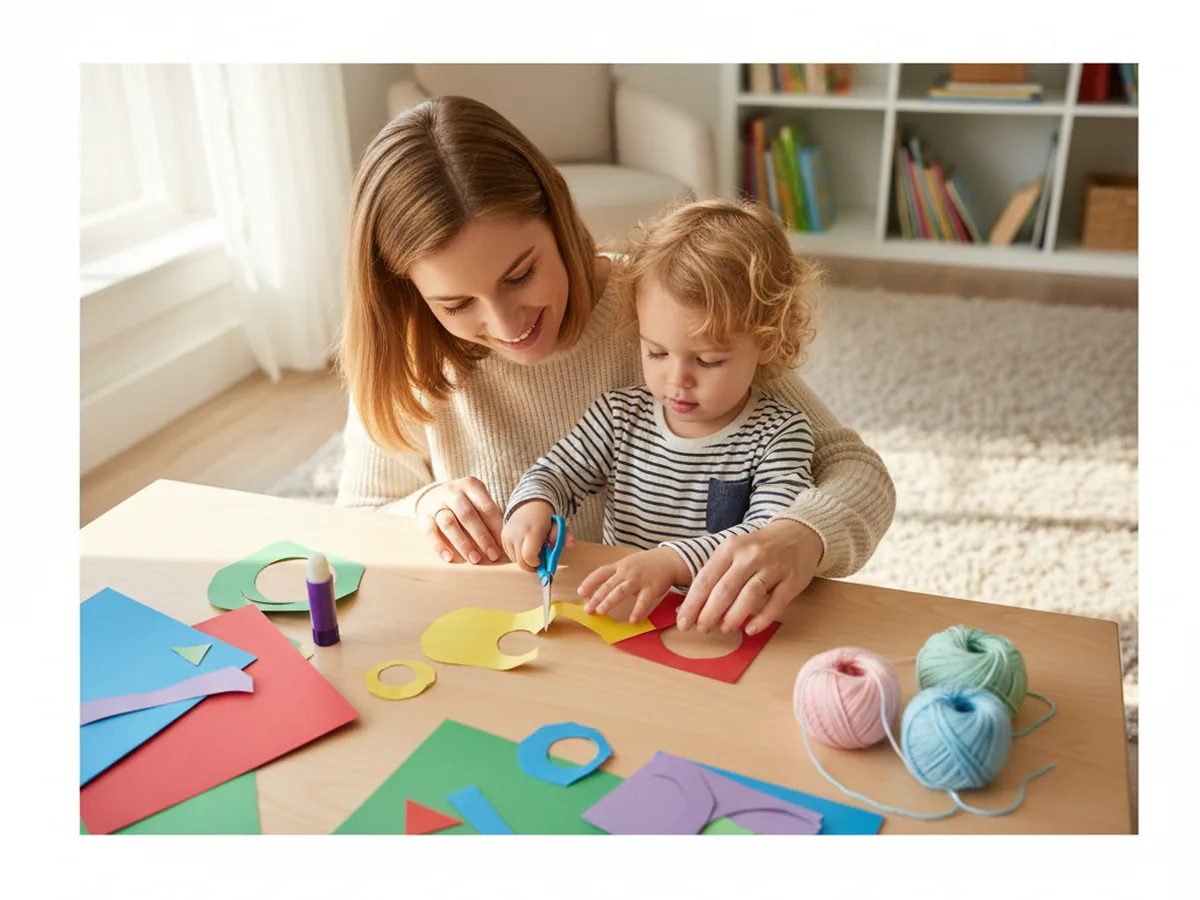 A mom and young child sitting together at a craft table cutting construction paper shapes for a paper person craft