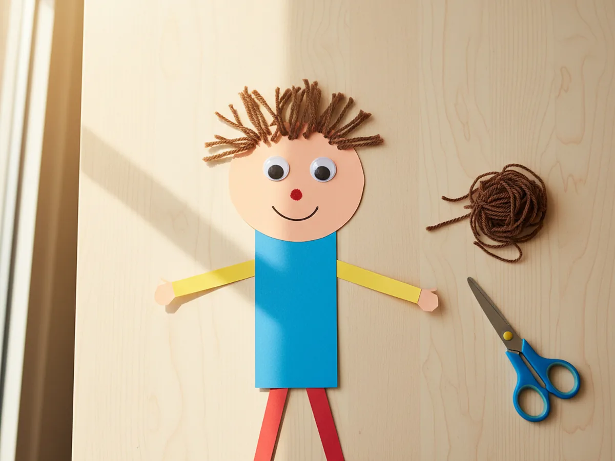 Paper person with colorful short yarn pieces glued to the top of the head to make hair, sitting flat on a craft table