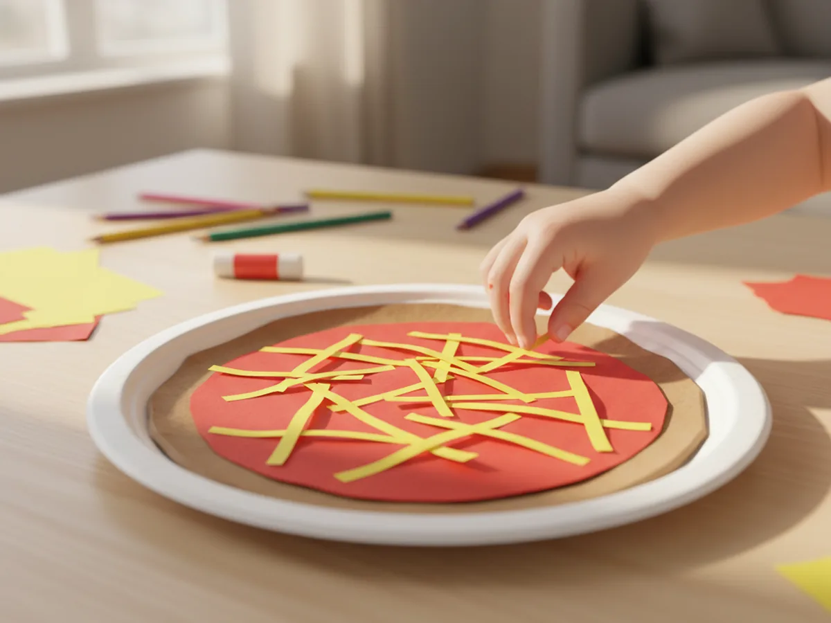 Thin yellow construction paper strips being glued across the red sauce circle of a paper pizza craft to look like melted mozzarella cheese