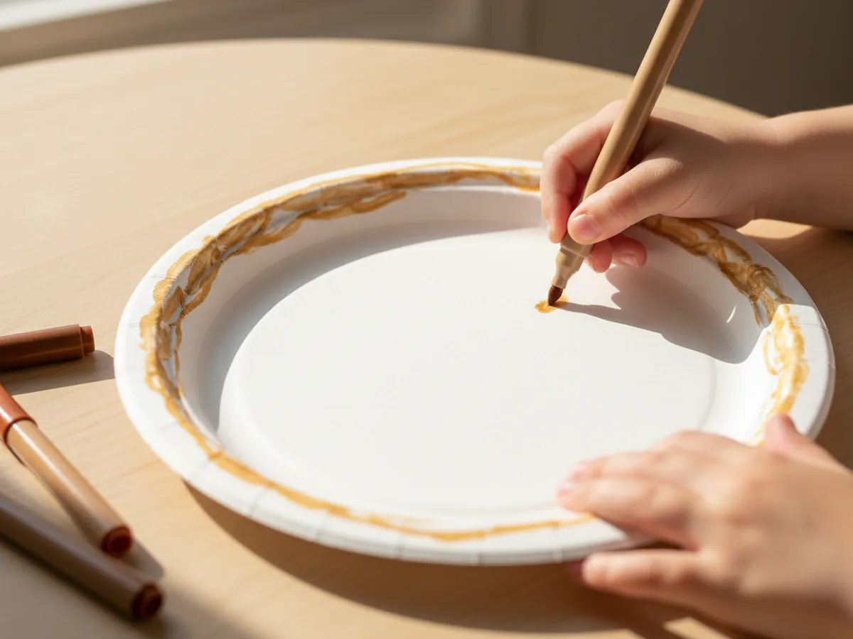 A child coloring the rim of a white paper plate with a light brown marker to create the baked crust for a paper pizza craft