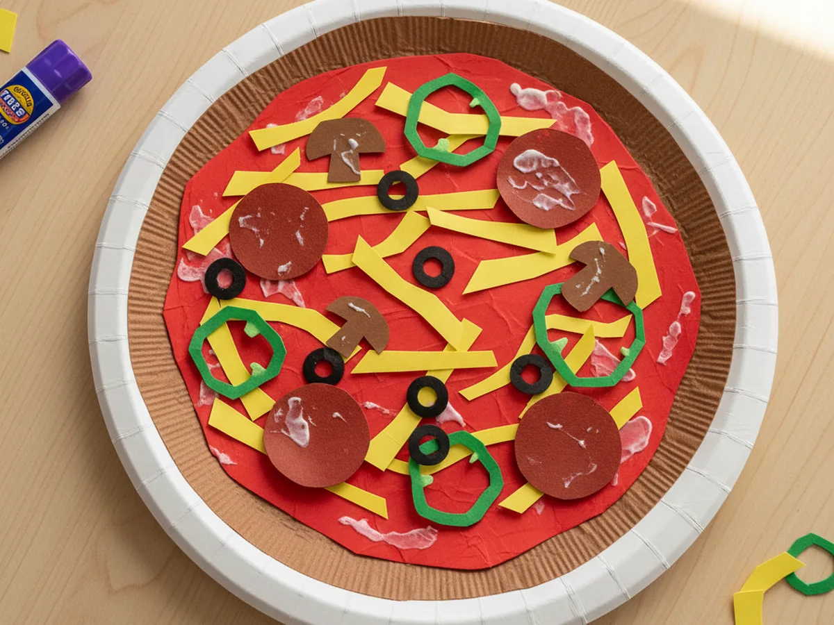 A completed paper pizza craft on a white paper plate with brown crust, red sauce, yellow cheese strands, red pepperoni, green peppers, and brown mushrooms displayed on a craft table
