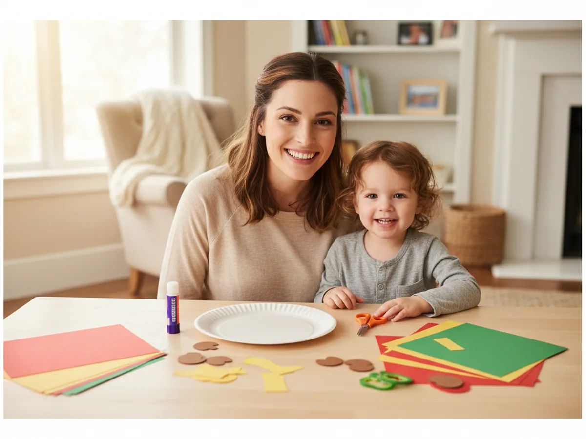 A mom and young child sitting at a craft table with a white paper plate, red and yellow construction paper, and scissors getting ready to make a paper pizza craft together