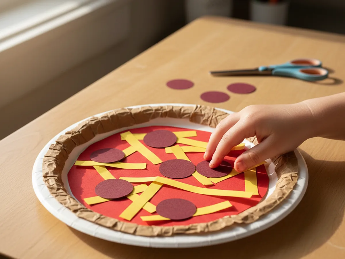 Small dark red construction paper pepperoni circles glued evenly across the yellow cheese strands on a paper pizza craft