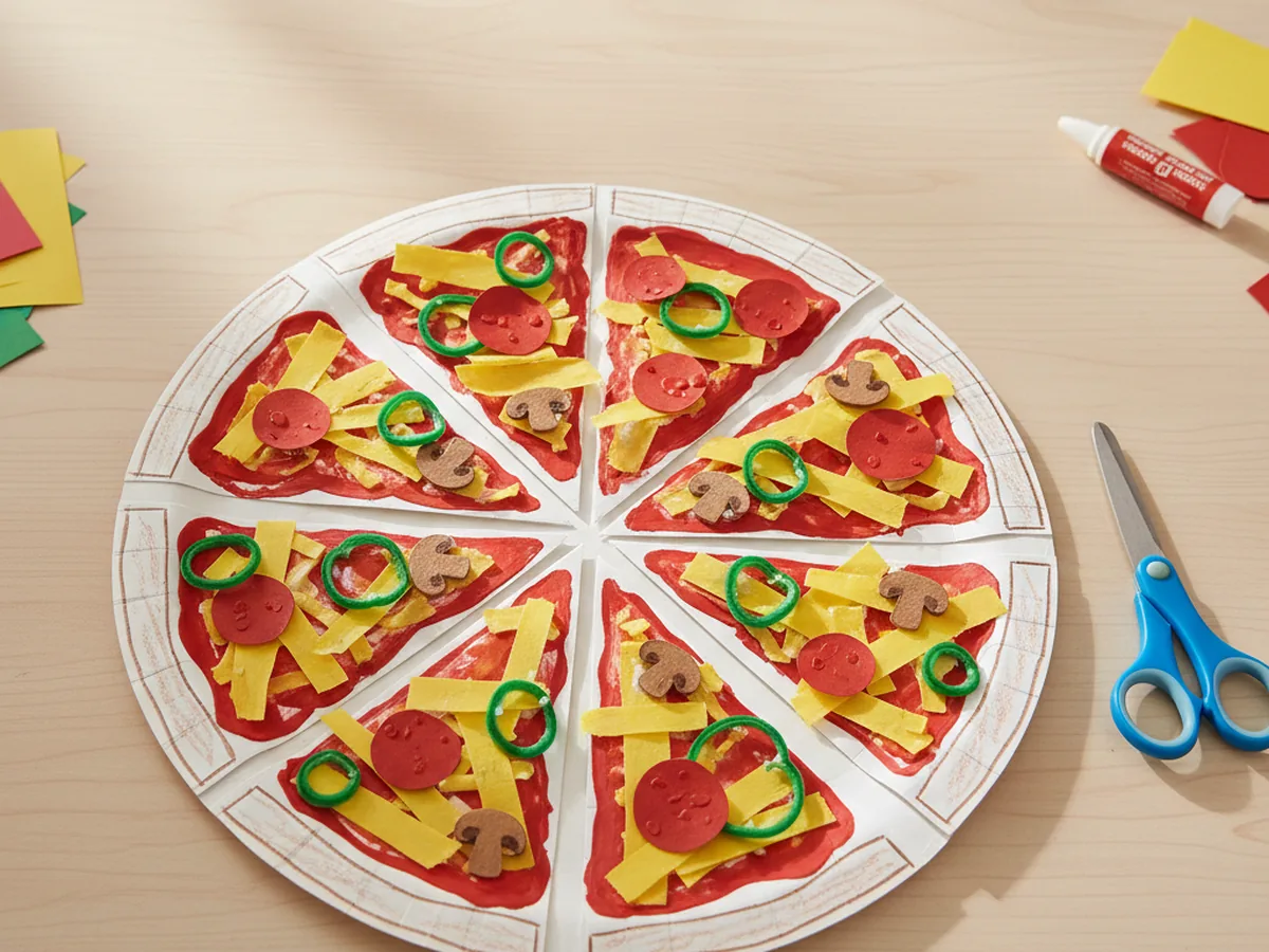 A finished paper pizza craft cut into eight triangular slices arranged together on a craft table with the toppings still in place