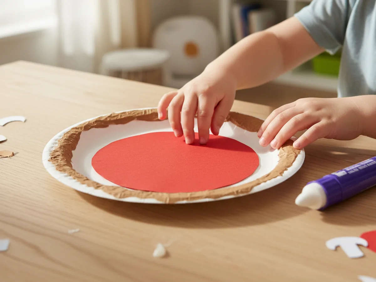 A red construction paper circle being glued onto a white paper plate with a brown crust rim to make the tomato sauce layer of a paper pizza craft