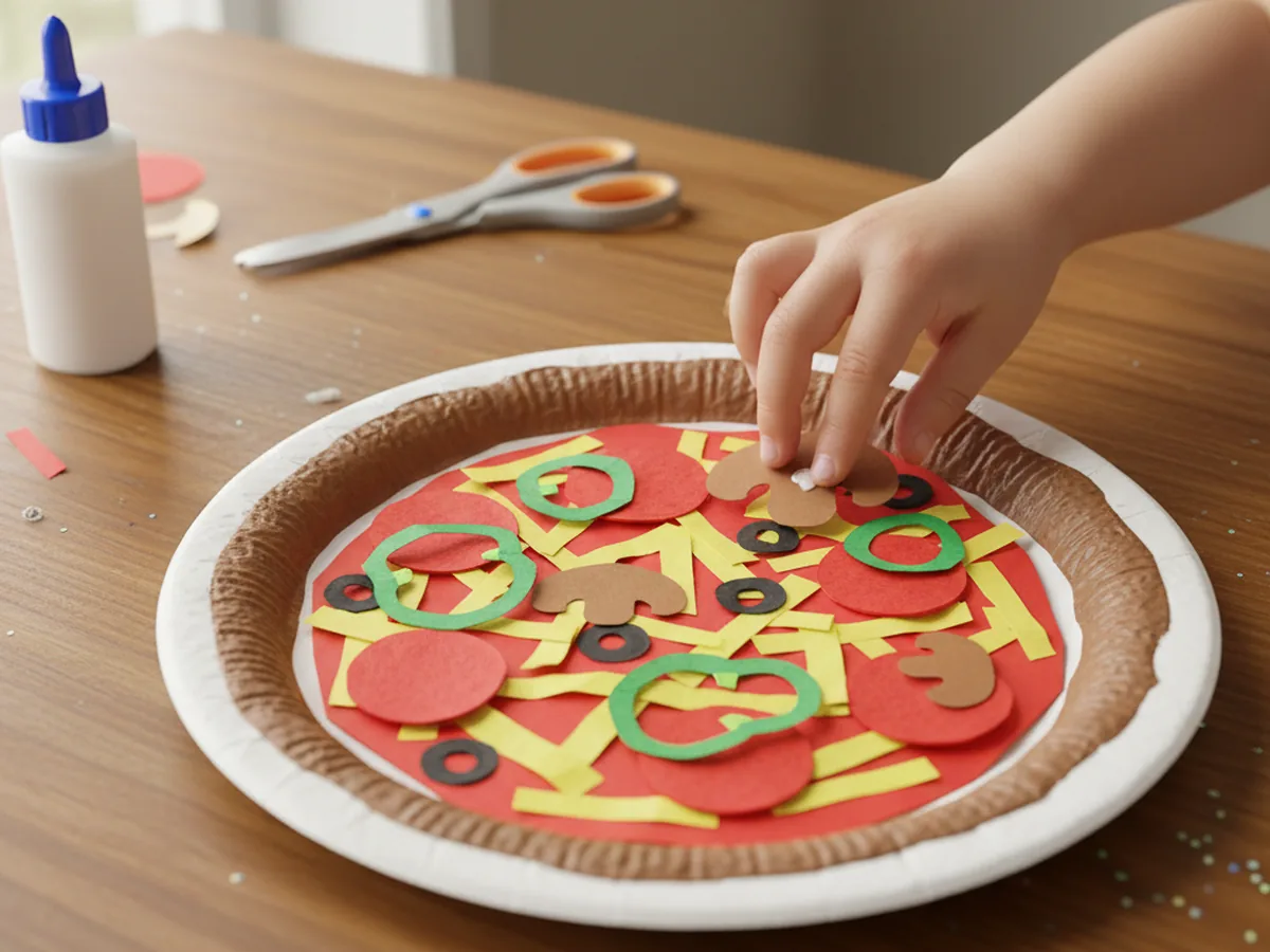 Green pepper rings, brown mushroom shapes, and black olive circles cut from construction paper added to the top of a paper pizza craft alongside red pepperoni