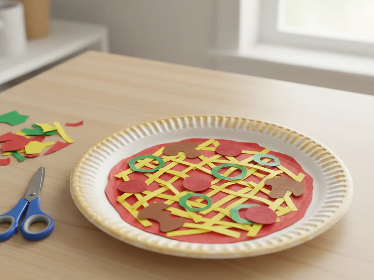 Finished paper pizza craft on a white paper plate with red sauce, yellow paper cheese strands, red pepperoni circles, green pepper rings, and brown mushroom shapes on a craft table