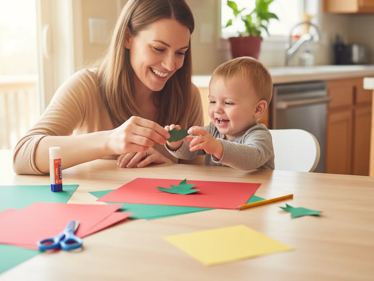 A mom and her young child sitting together at a craft table with sheets of red, green, and yellow construction paper, kid scissors, a glue stick, and a pencil, smiling and getting ready to start a paper poinsettia craft together