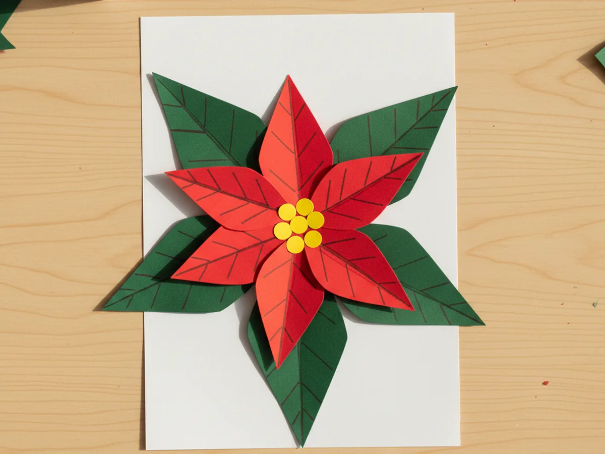 The finished paper poinsettia craft with a cluster of small yellow paper dots glued in the center of the red petals and soft marker veins drawn down the middle of each red petal and green leaf, mounted on white cardstock