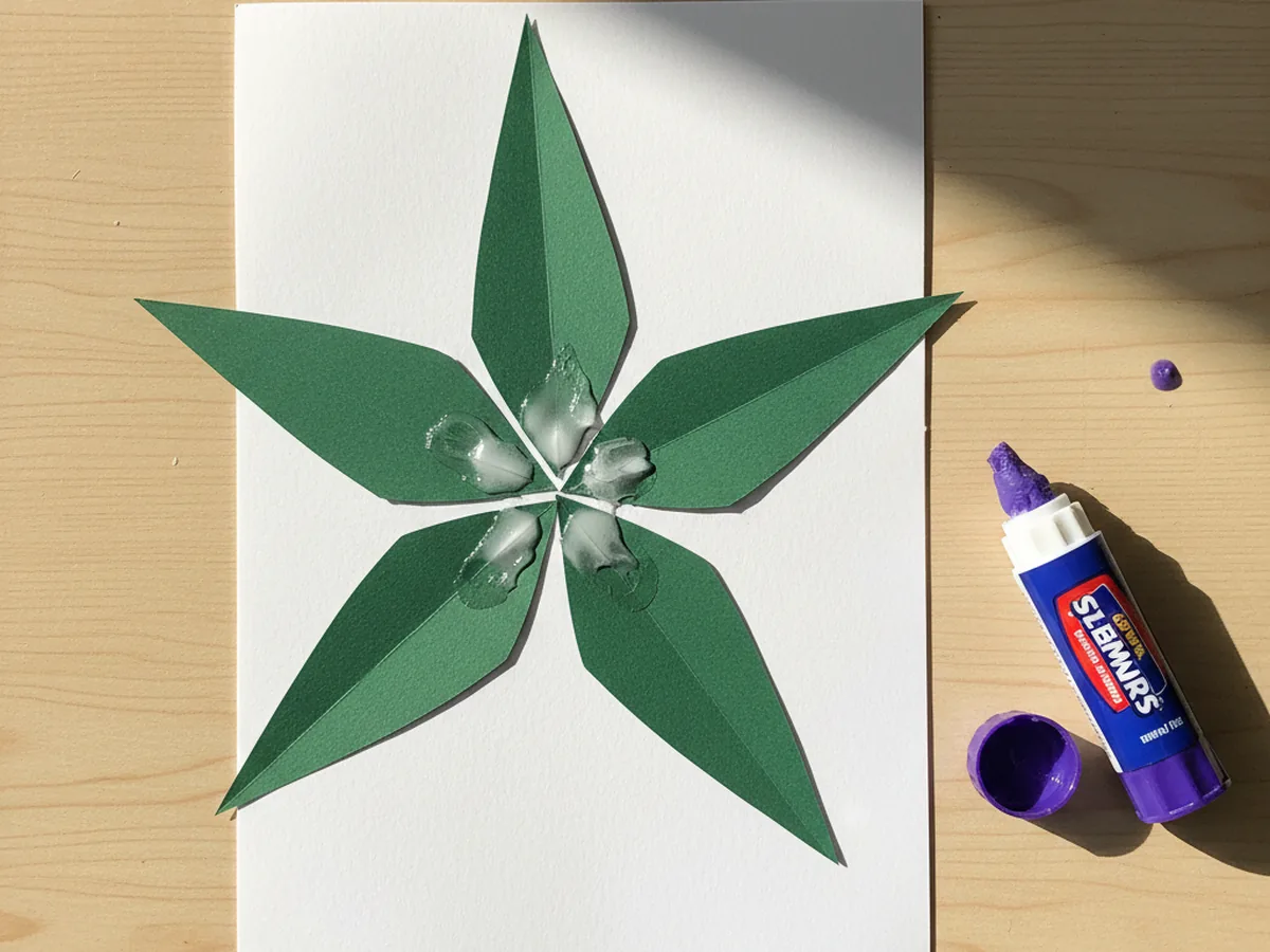 Five green pointed paper leaves glued in a star shape on a white cardstock background with their tips pointing outward and their wide bases meeting in the center, sitting on a craft table