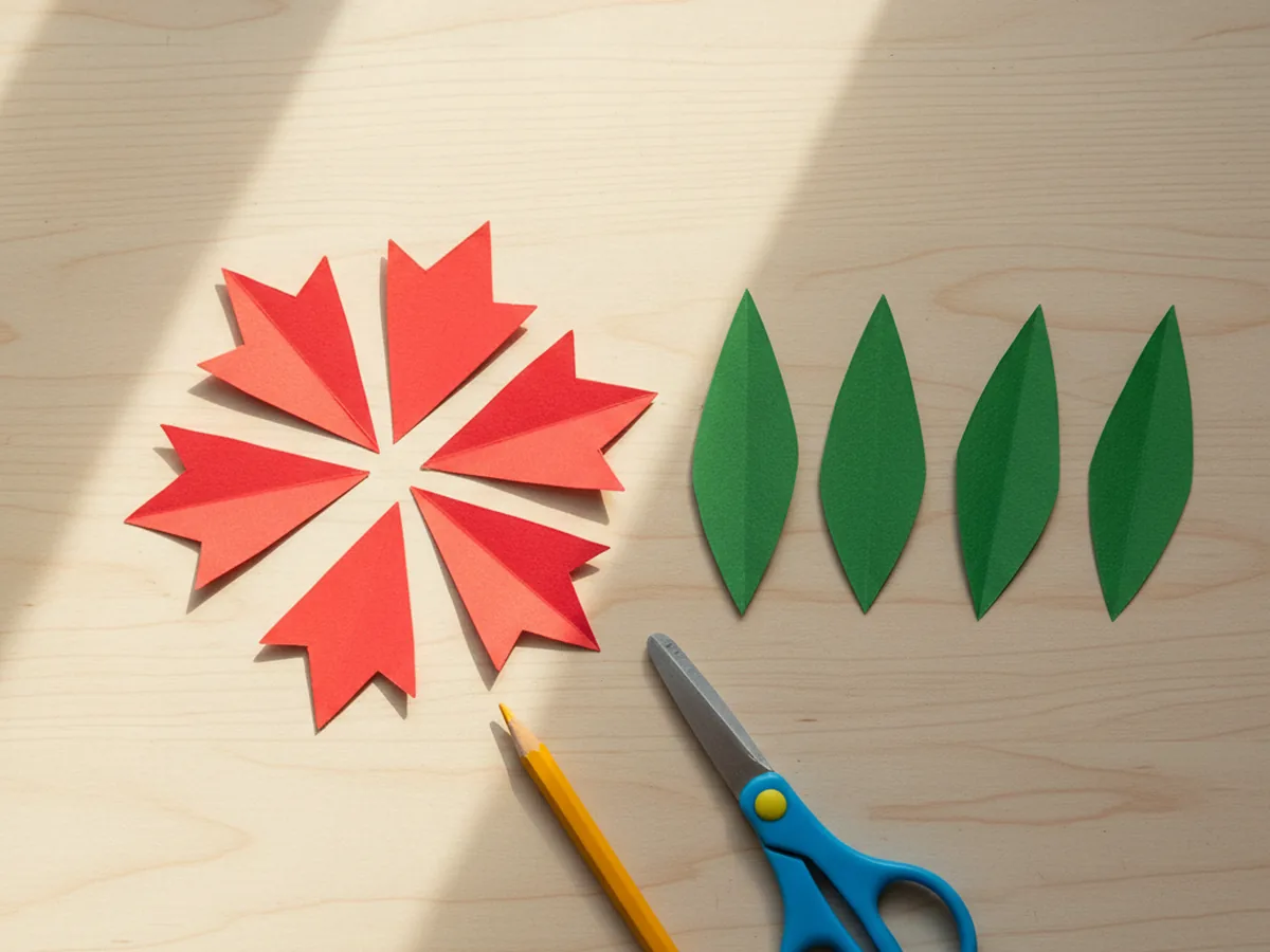 Six pointed bright red construction paper petals slightly shorter than the green leaves arranged in a small group on a white craft table next to the previously cut green poinsettia leaves
