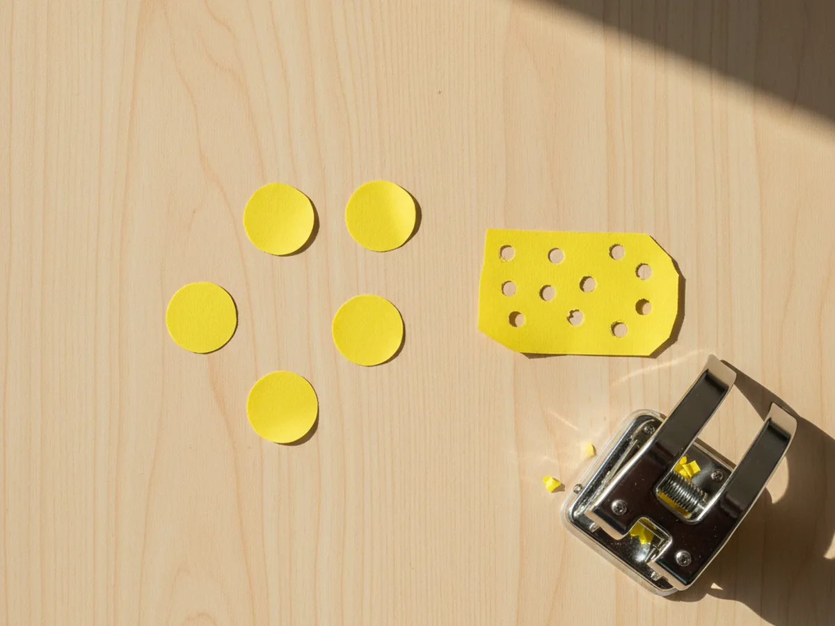 Five small yellow construction paper circles about the size of peas arranged in a tiny cluster on a white craft table next to a yellow paper scrap and a hole punch, ready to be glued as the center of a paper poinsettia