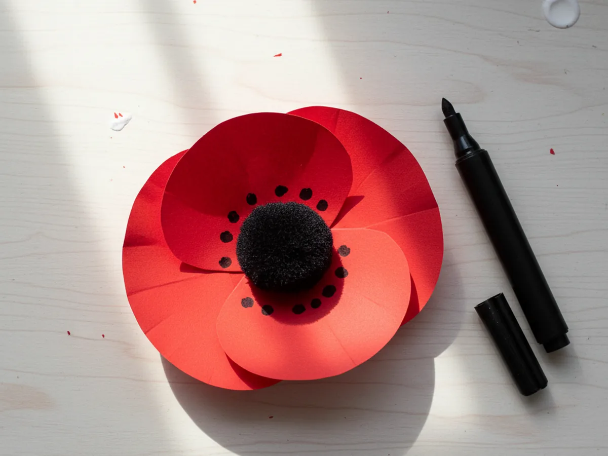 A black pom pom glued into the center of a cupped red paper poppy with small black marker seed dots drawn around it