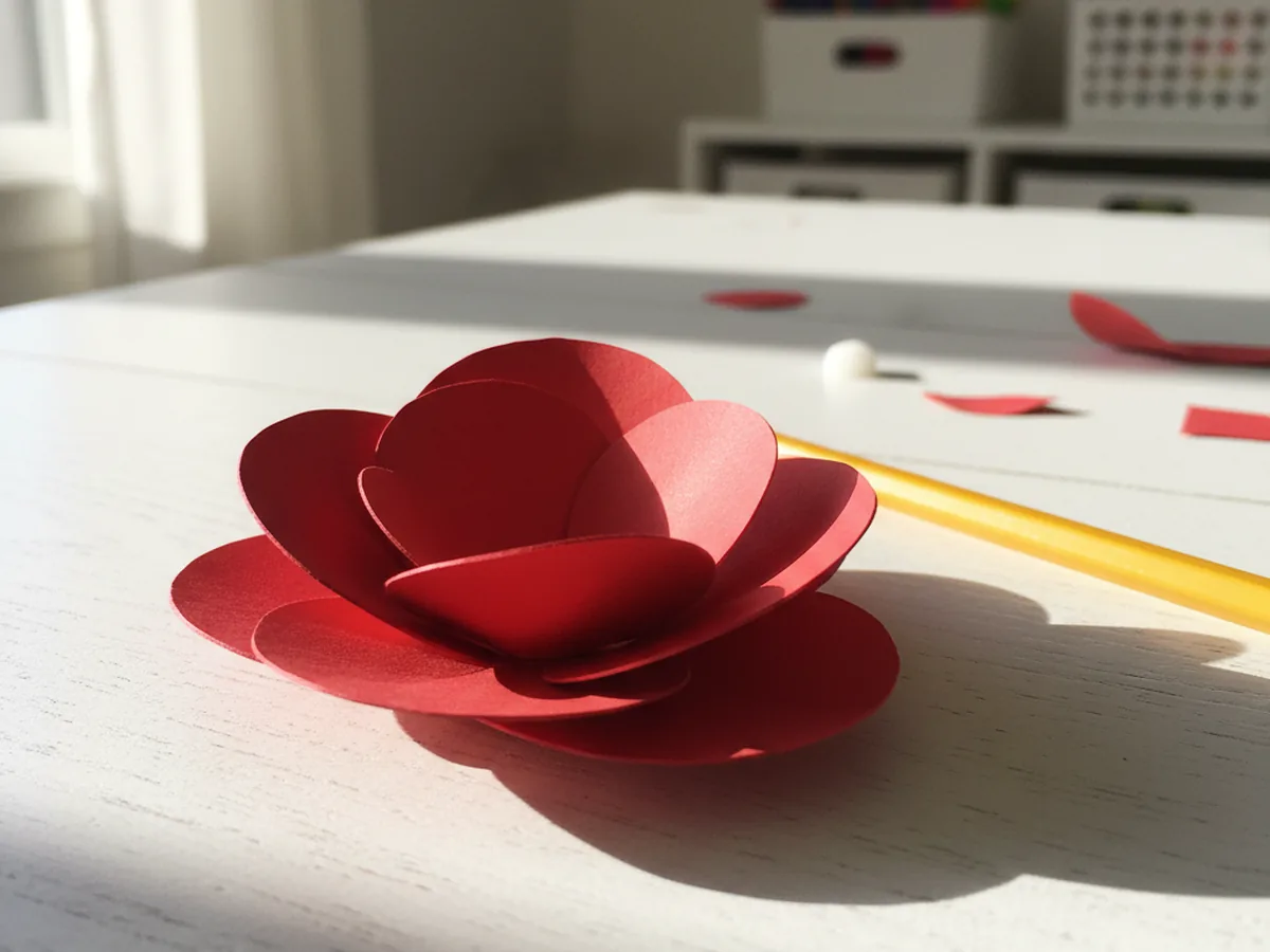 Two layered red paper flower shapes with petals curled upward and glued together to form a cupped poppy bloom on a craft table