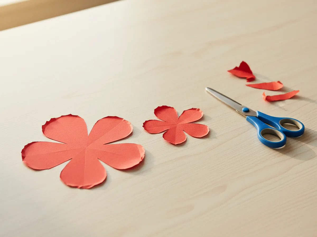 Two red construction paper flower shapes with rounded petals cut out and resting on a craft table next to safety scissors