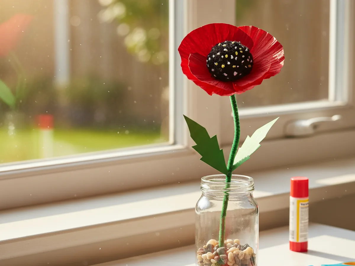 A finished paper poppy craft with red cupped petals, black pom pom center, and green stem and leaves standing in a small jar on a windowsill