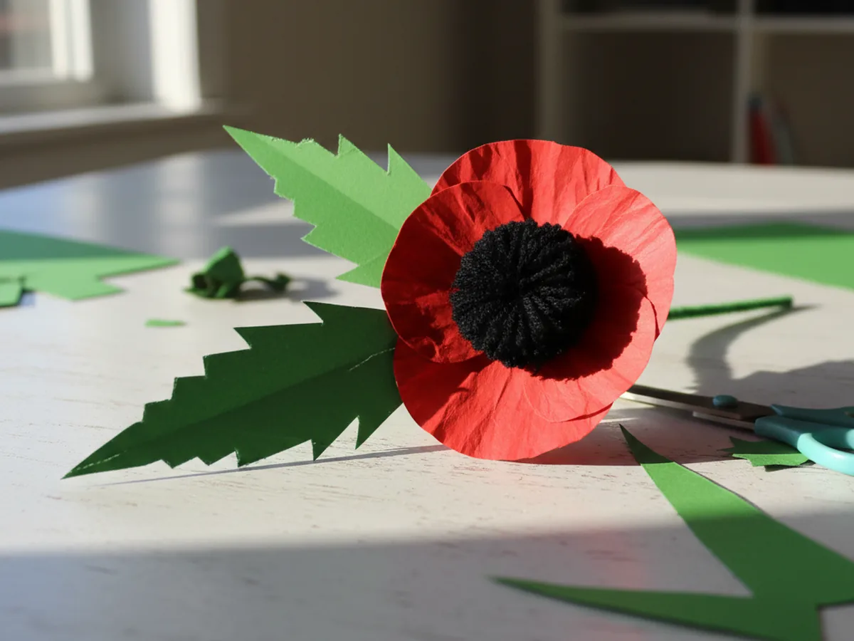 Two pointed green paper leaves attached to the green stem of a finished red paper poppy on a craft table