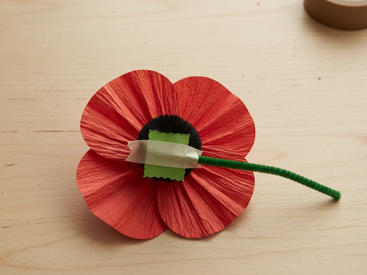 A green pipe cleaner stem taped to the back of a red paper poppy flower lying on a craft table