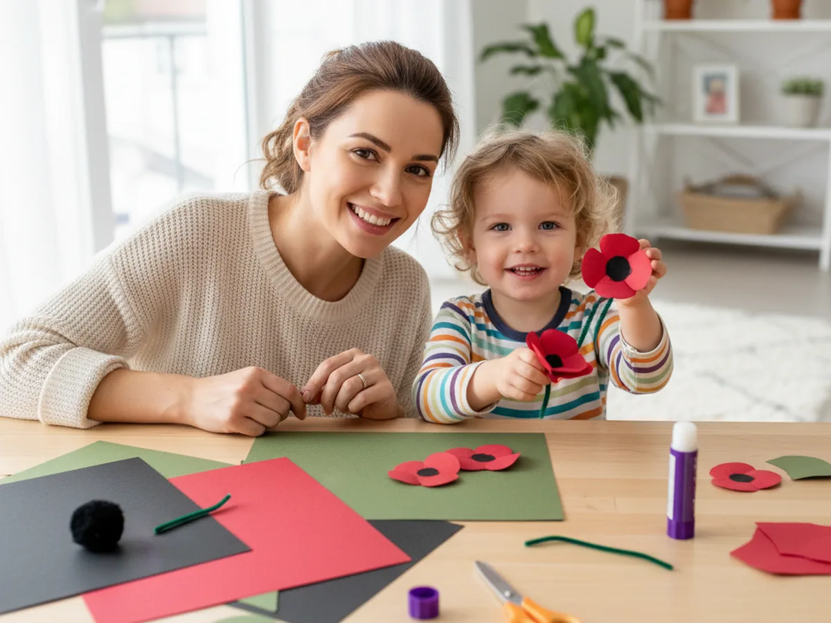 A mom and young child sitting at a craft table with red, black, and green construction paper ready to start a paper poppy craft