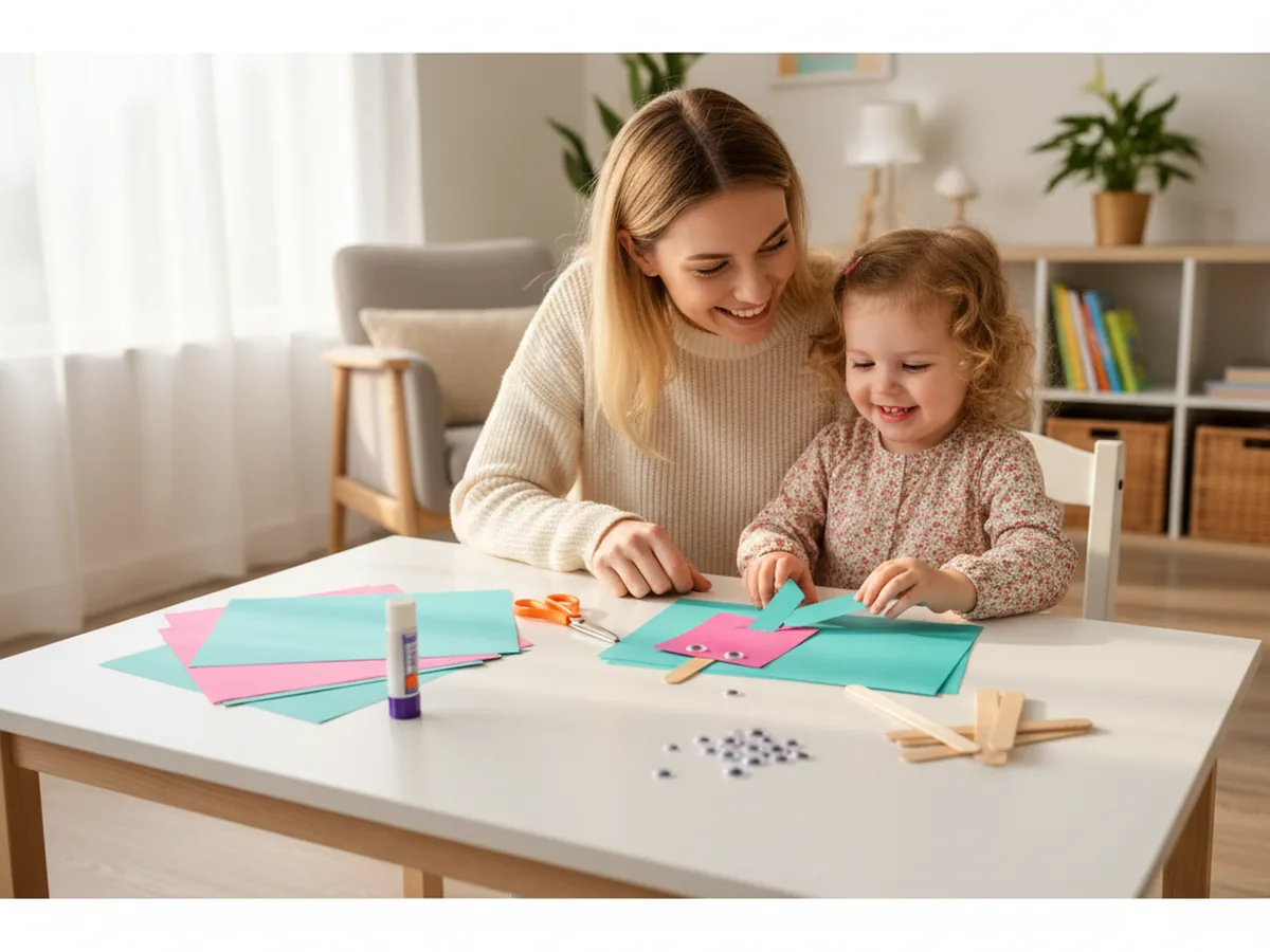 A mom and her young daughter sitting together at a white craft table with sheets of pink and teal construction paper, kid scissors, a glue stick, wooden craft sticks, and googly eyes, smiling as they get ready to start a paper popsicle craft