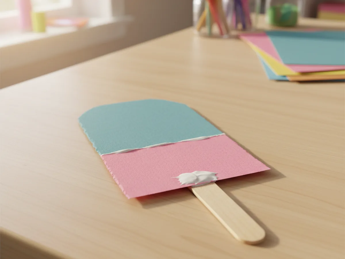 The back of the pink and teal paper popsicle with a natural wooden craft stick glued to the bottom center so it pokes out as a handle, shown on a white craft table