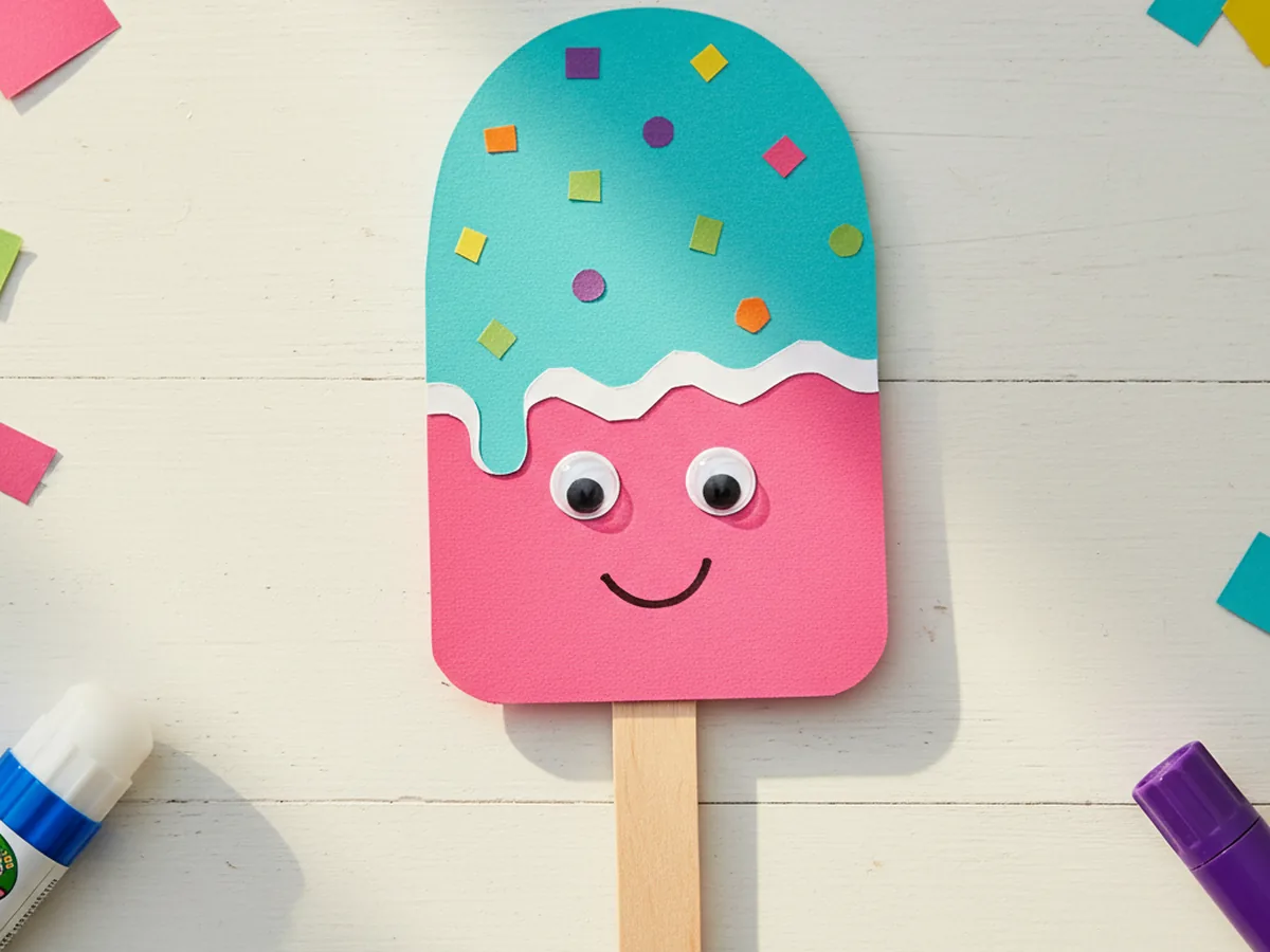 Finished paper popsicle craft with a pink and teal two-tone body, a white wavy paper drip, rainbow paper sprinkles, googly eyes, and a marker smile on a wooden craft stick, lying on a white craft table
