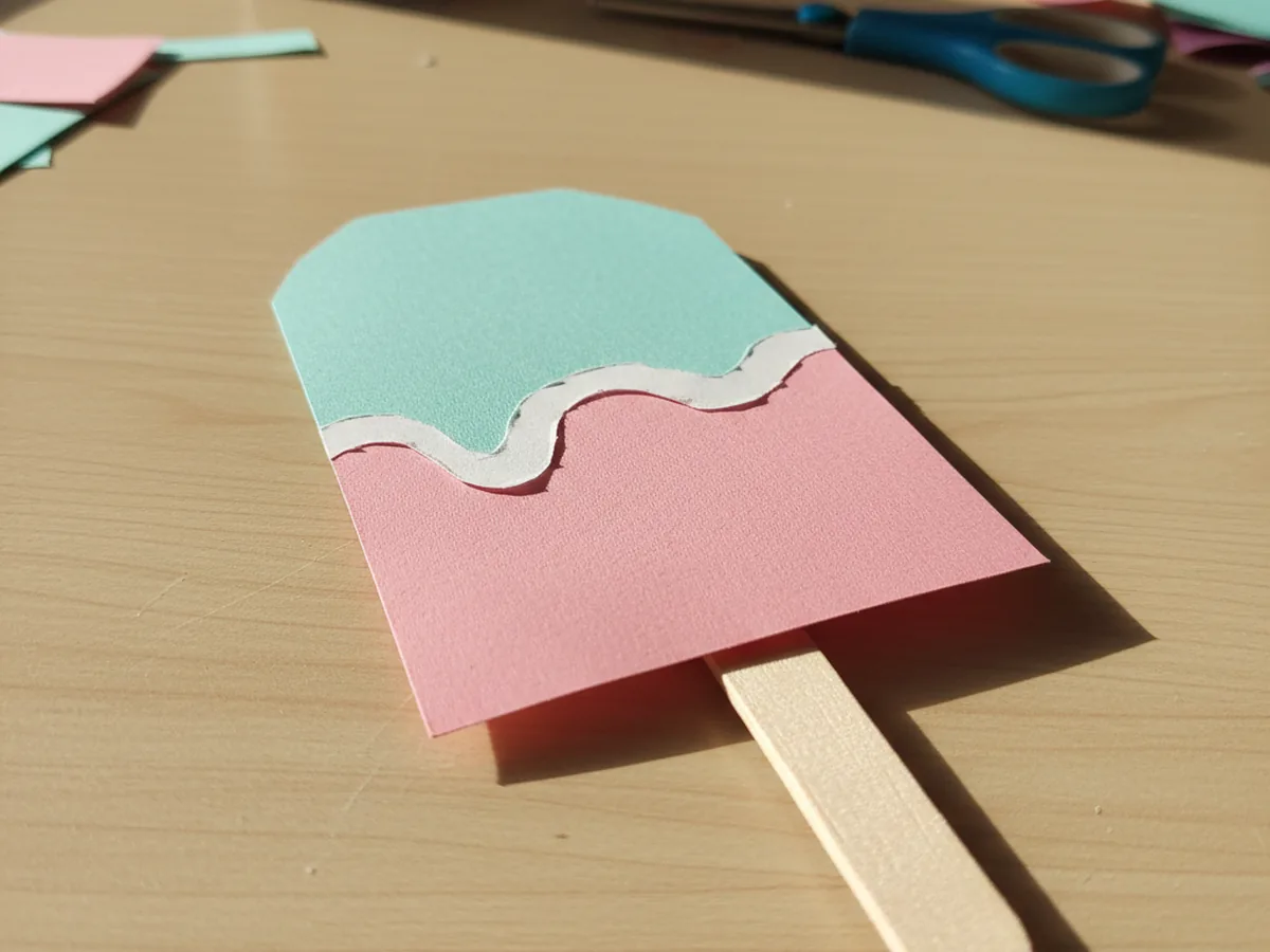 A wavy white paper strip glued across the middle of the pink and teal paper popsicle where the two flavors meet, looking like a soft melty drip, on a white craft table