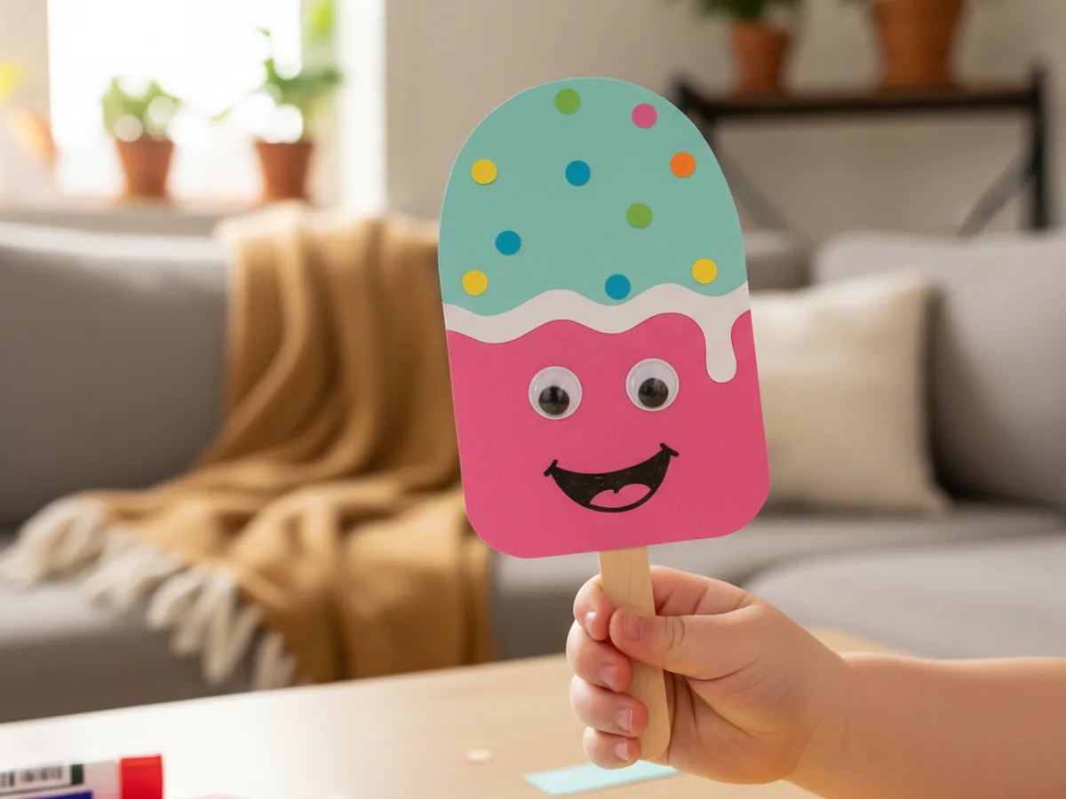 The finished paper popsicle craft with two googly eyes and a marker smile on the pink lower half, colorful sprinkles on the teal top, a white wavy drip, and a wooden stick handle, held up by a child's hand