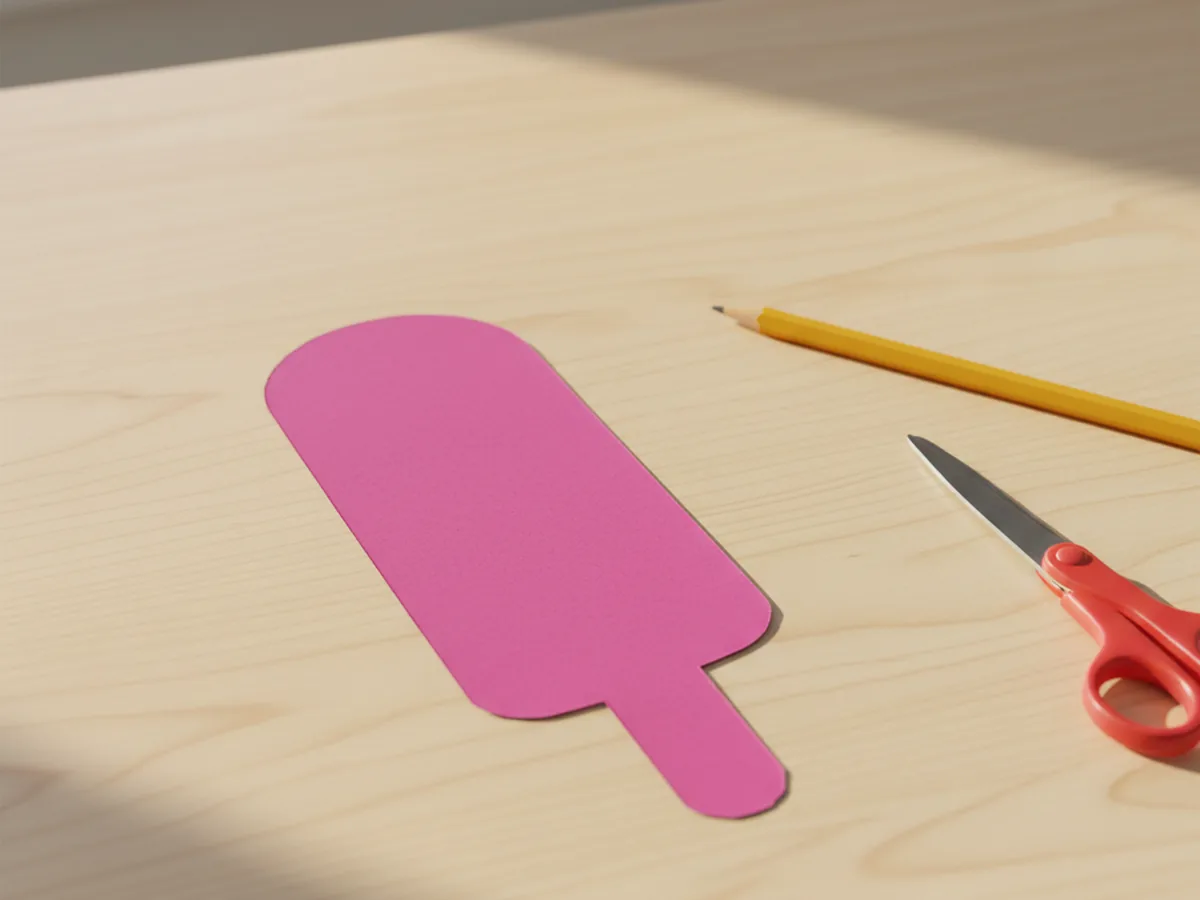 A tall rounded-top rectangle cut from bright pink construction paper lying flat on a white craft table next to a pencil and a pair of kid scissors, ready to become a paper popsicle