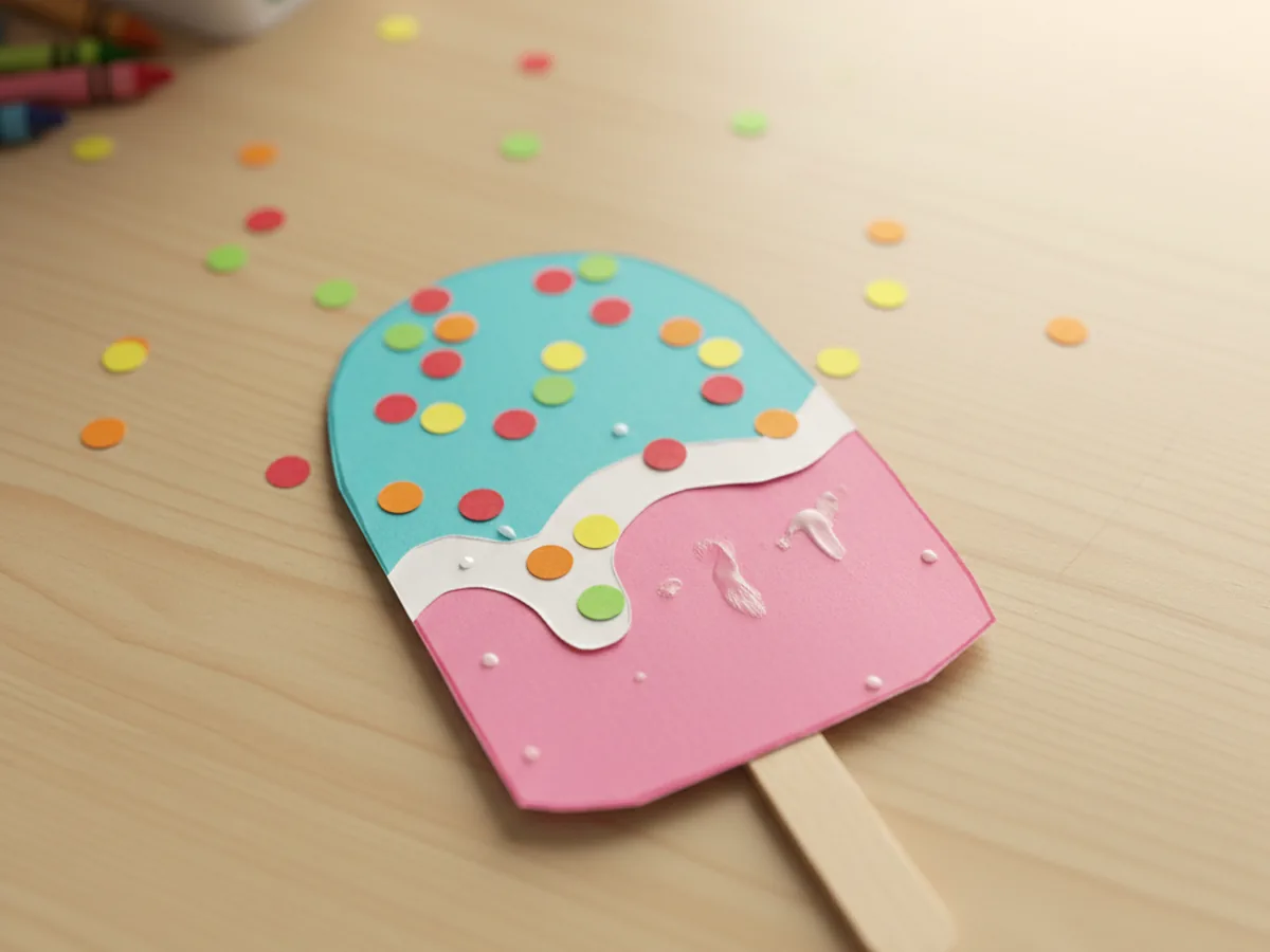 The pink and teal paper popsicle with the white drip and many tiny colorful paper sprinkles in red, yellow, orange, and green glued across the teal top, on a white craft table
