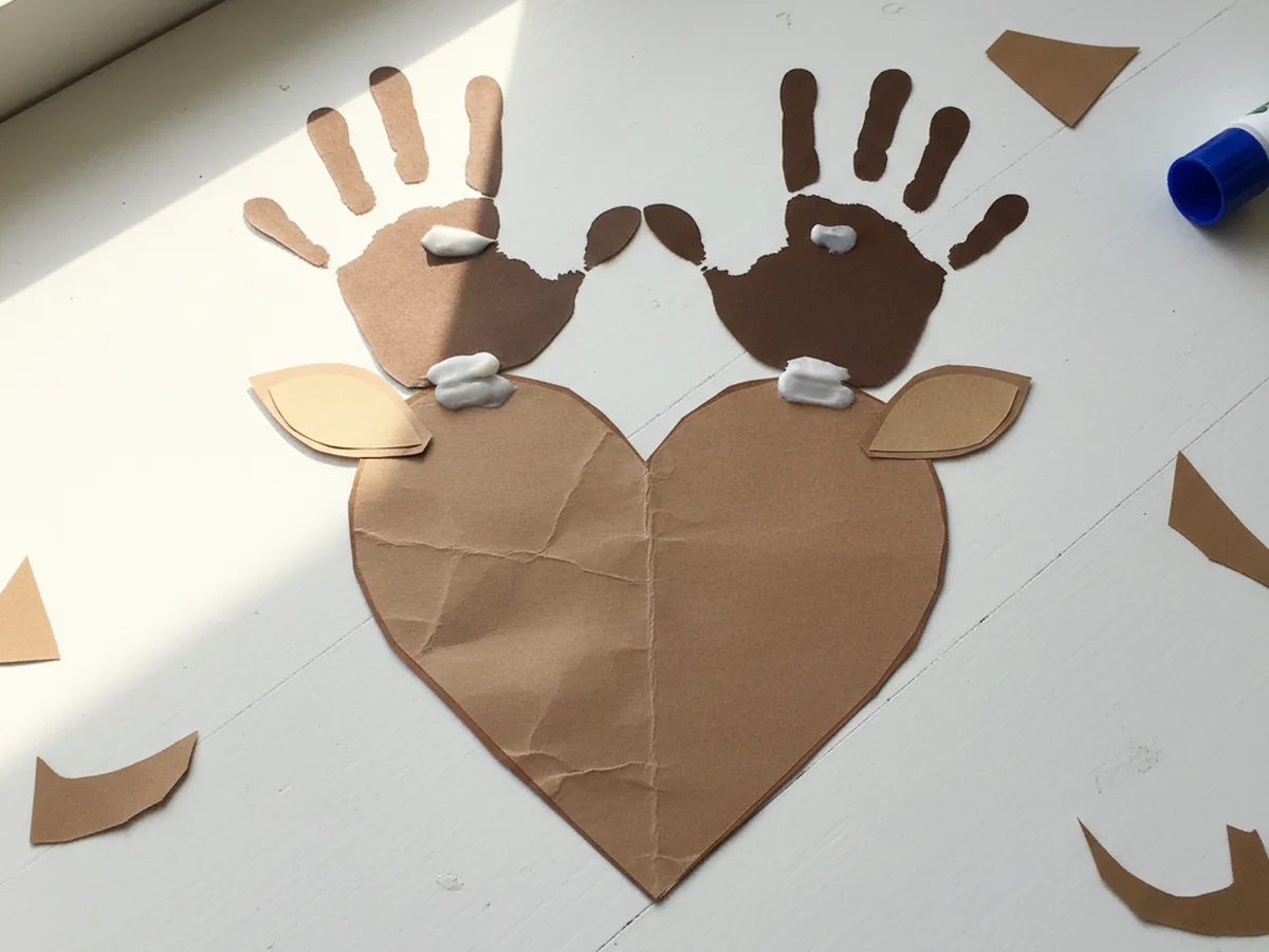Two small tan teardrop-shaped inner ears glued onto the brown reindeer face just below the handprint antlers