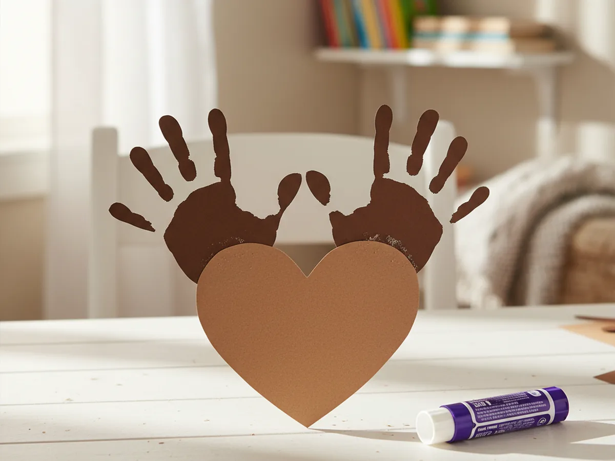 Two brown handprint antlers glued to the back of an upside-down brown heart so the spread fingers stick up like reindeer antlers