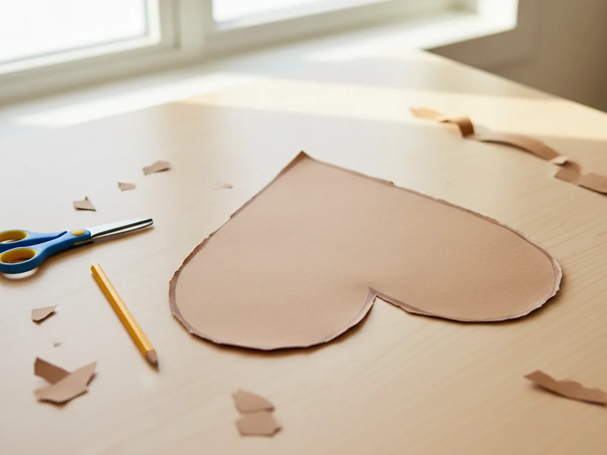 A large brown construction paper heart cut out and turned upside down on a craft table to form the face of a paper reindeer craft