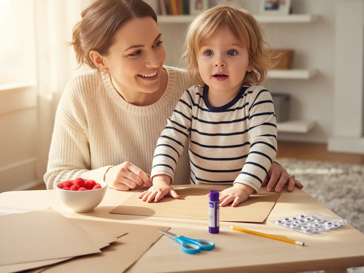 A mom and young child sitting at a craft table with brown construction paper, googly eyes, and a red pom pom getting ready to make a paper reindeer craft together