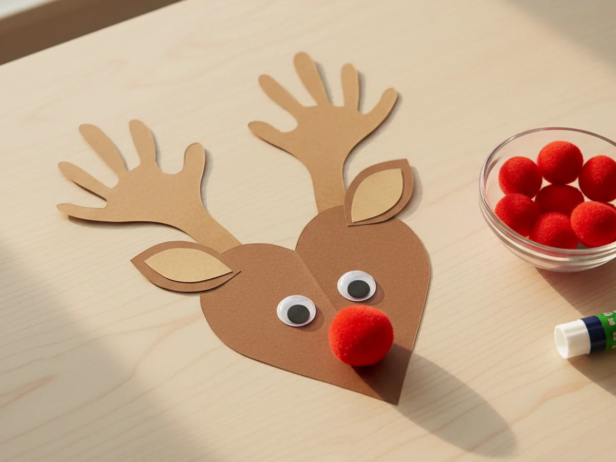A fluffy red pom pom glued onto the bottom point of the brown heart-shaped reindeer face to create the bright Rudolph nose for the paper reindeer craft