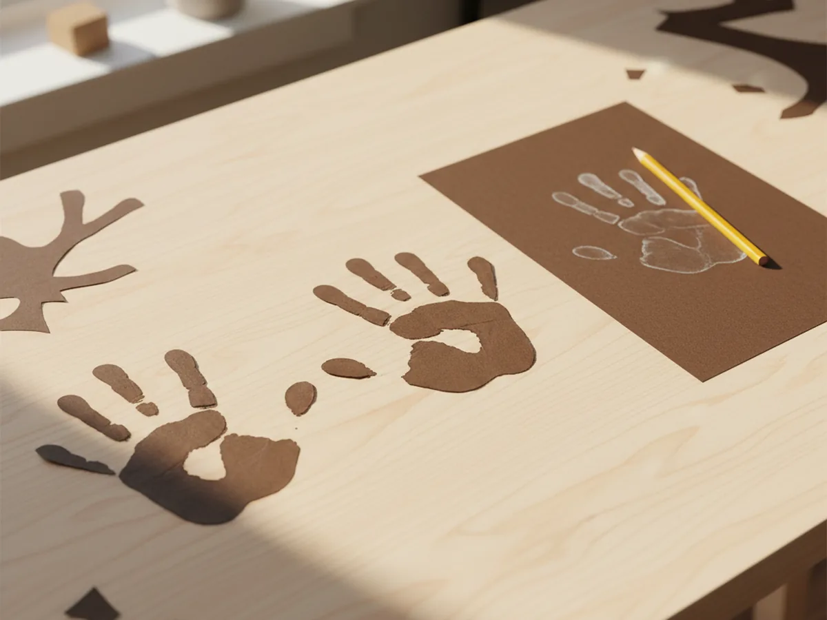 Two handprints traced and cut from dark brown construction paper to use as antlers for a paper reindeer craft, lying next to a pencil